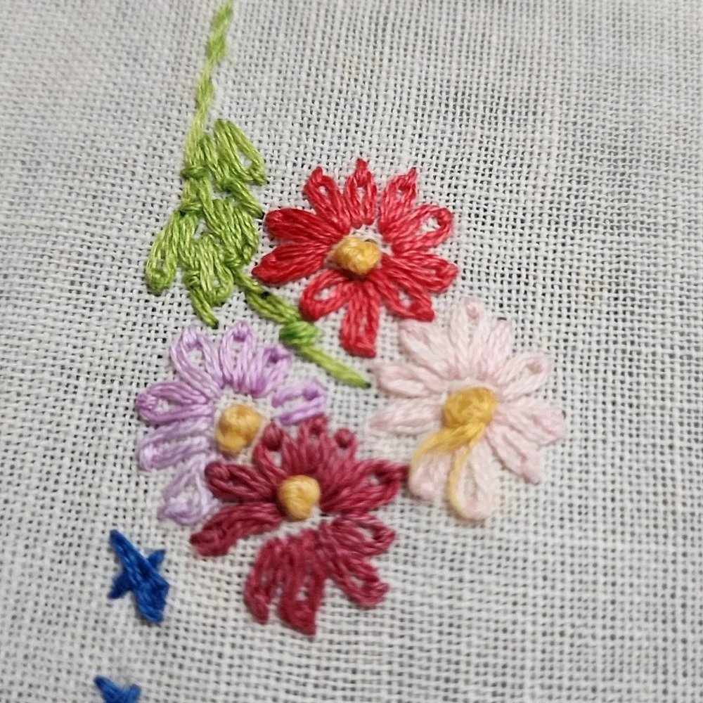 Antique Hand Embroidered Table Runner Bluebird Floral Crochet Lace Trim 36x11